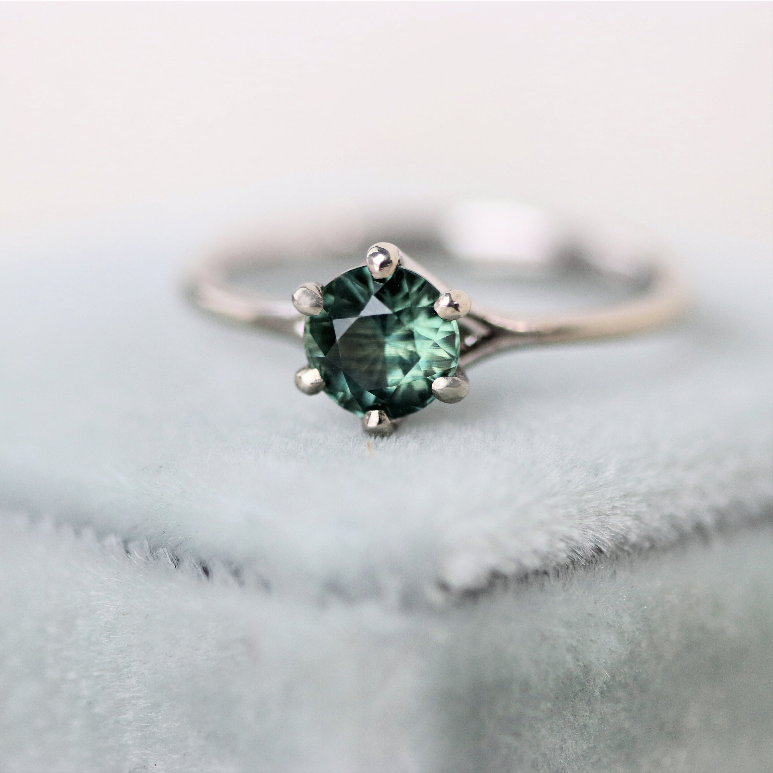 THE IRIS SOLITAIRE with a 1 carat dark green sapphire Katie Carder